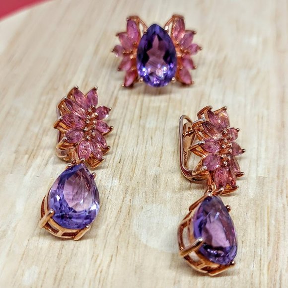 Natural Amethyst & Tourmaline Rose Gold on Sterling Silver Earrings & Ring 7.5 - Picture 1 of 15